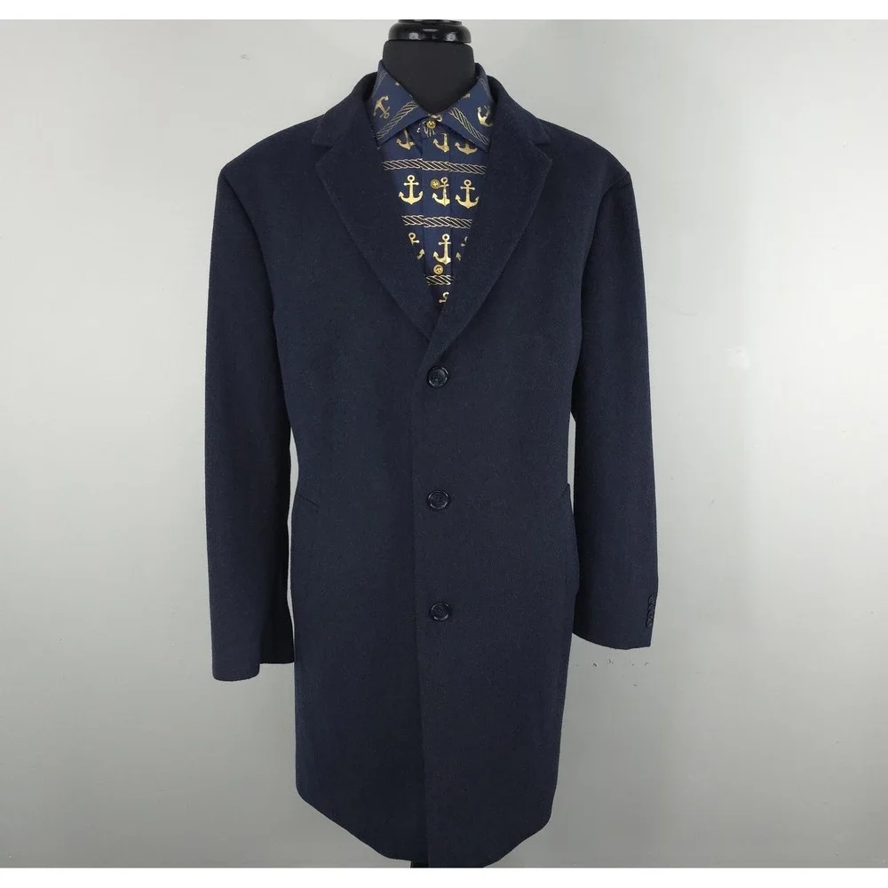 Nautica Coat Mens 48 Blue Wool Single Breasted Long Lined Overcoat Classic